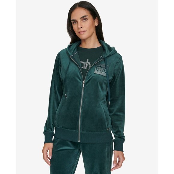 Calvin Klein Womens Metallic Logo Velour Zip Front Hoodie Malachite Size XL NWT - Picture 1 of 5